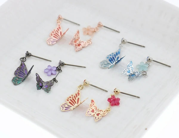 Asymmetrical Butterfly Titanium Post Earrings - Blue