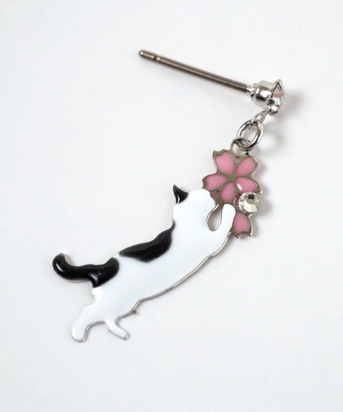 Cat and Cherry Blossom Titanium Post Earrings - Black & White
