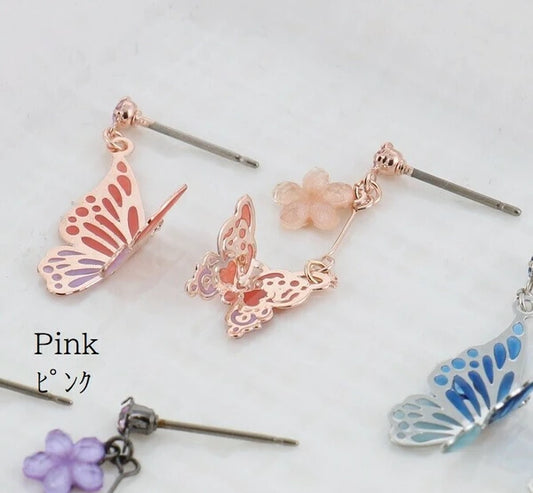 Asymmetrical Butterfly Titanium Post Earrings - Pink