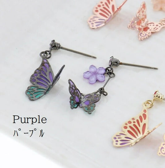 Asymmetrical Butterfly Titanium Post Earrings - Purple