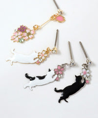 Cat & Cherry Blossom Titanium Post Earrings - Black & White
