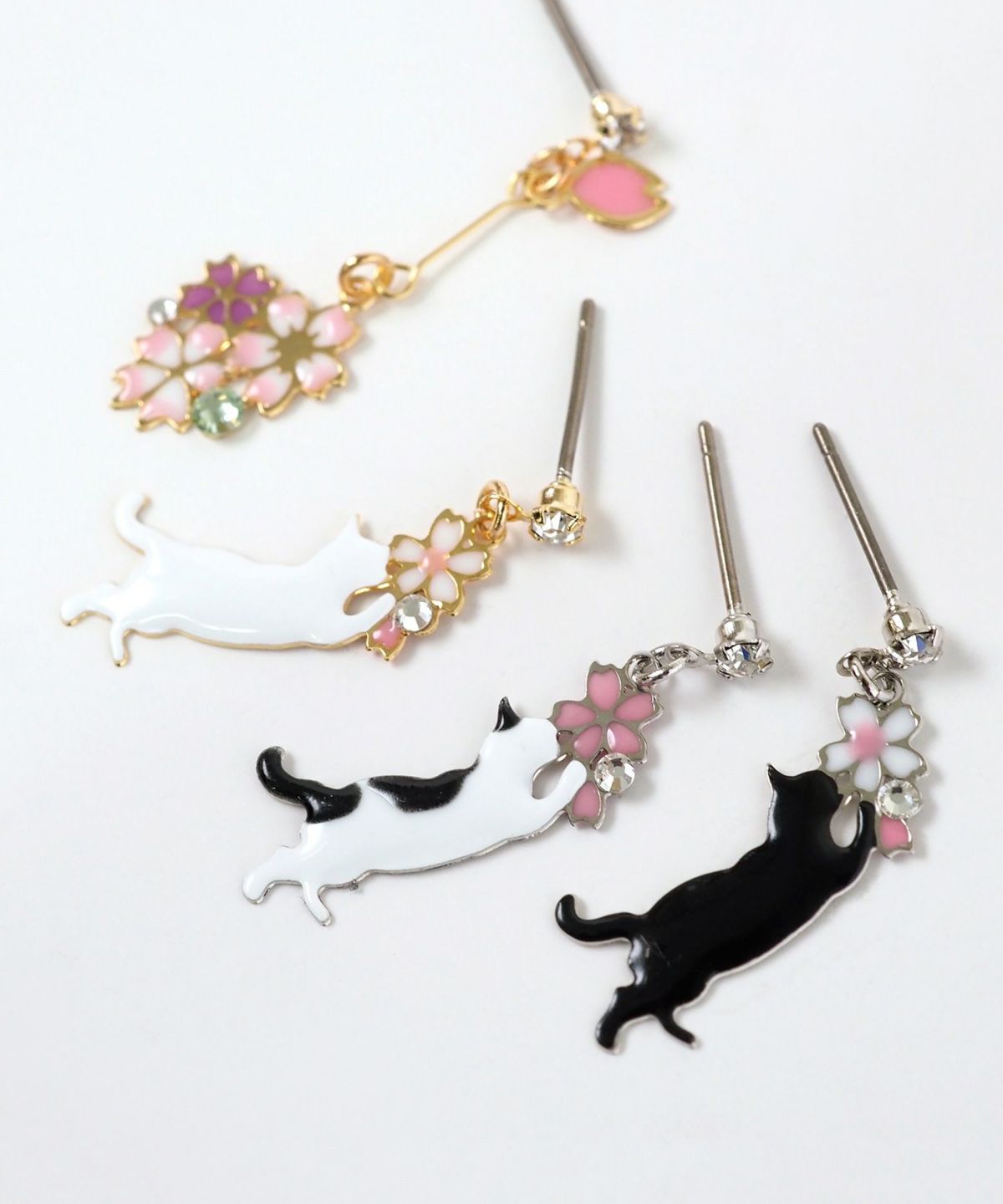 Cat & Cherry Blossom Titanium Post Earrings - Black & White