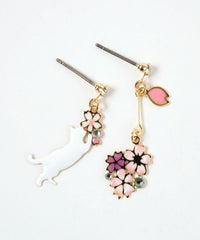 Cat & Cherry Blossom Titanium Post Earrings - White