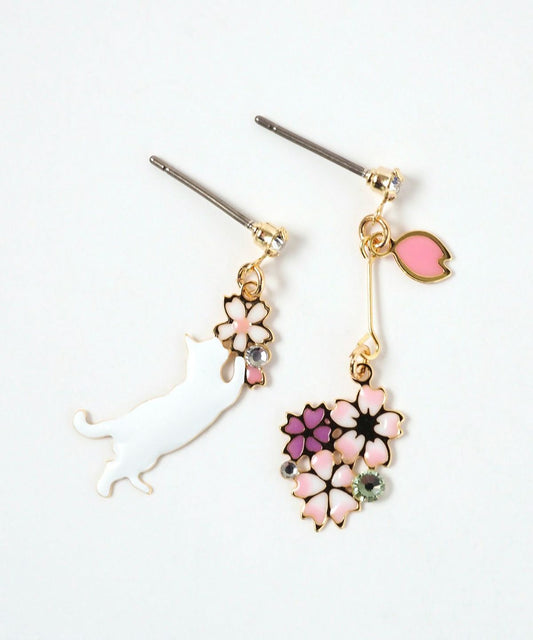 Cat and Cherry Blossom Titanium Post Earrings - White