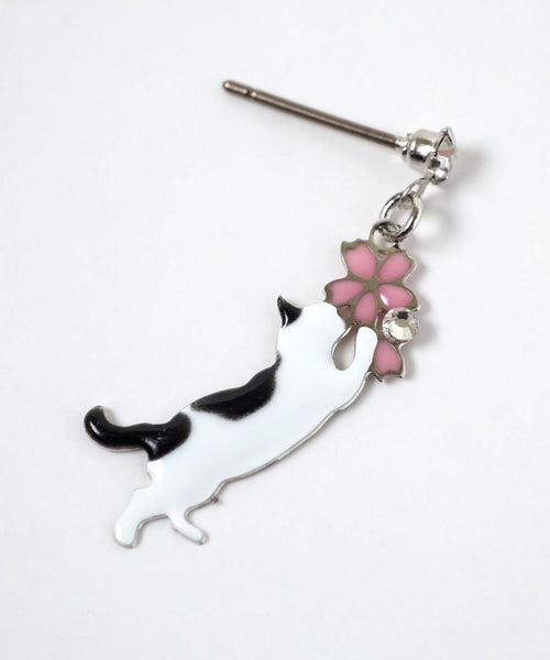 Cat & Cherry Blossom Titanium Post Earrings - Black & White