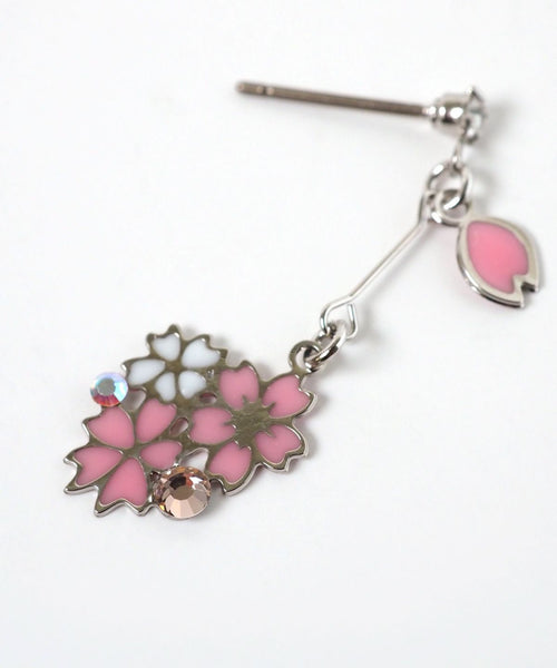 Cat & Cherry Blossom Titanium Post Earrings - White
