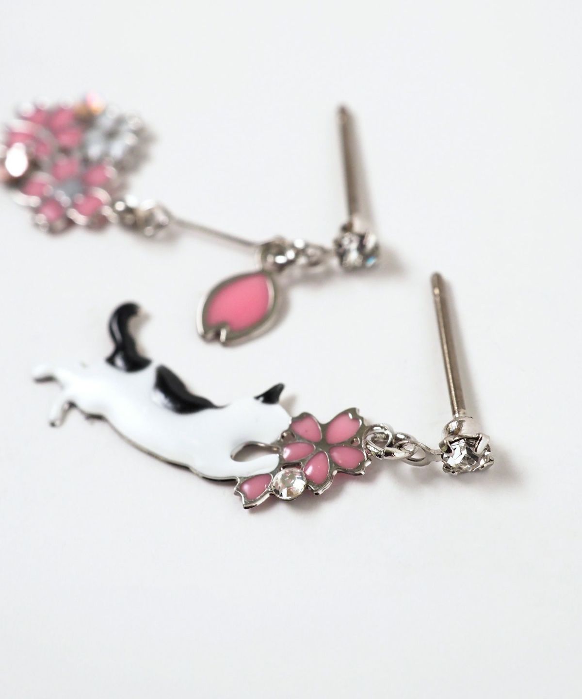 Cat and Cherry Blossom Titanium Post Earrings - Black & White
