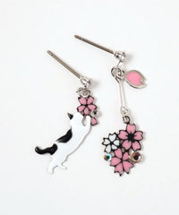 Cat & Cherry Blossom Titanium Post Earrings - Black & White
