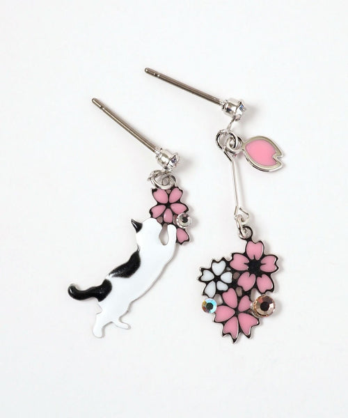 Cat & Cherry Blossom Titanium Post Earrings - Black & White