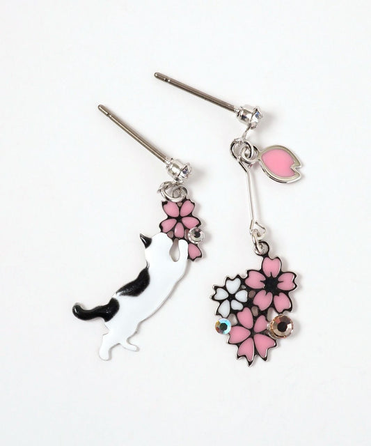 Cat and Cherry Blossom Titanium Post Earrings - Black & White