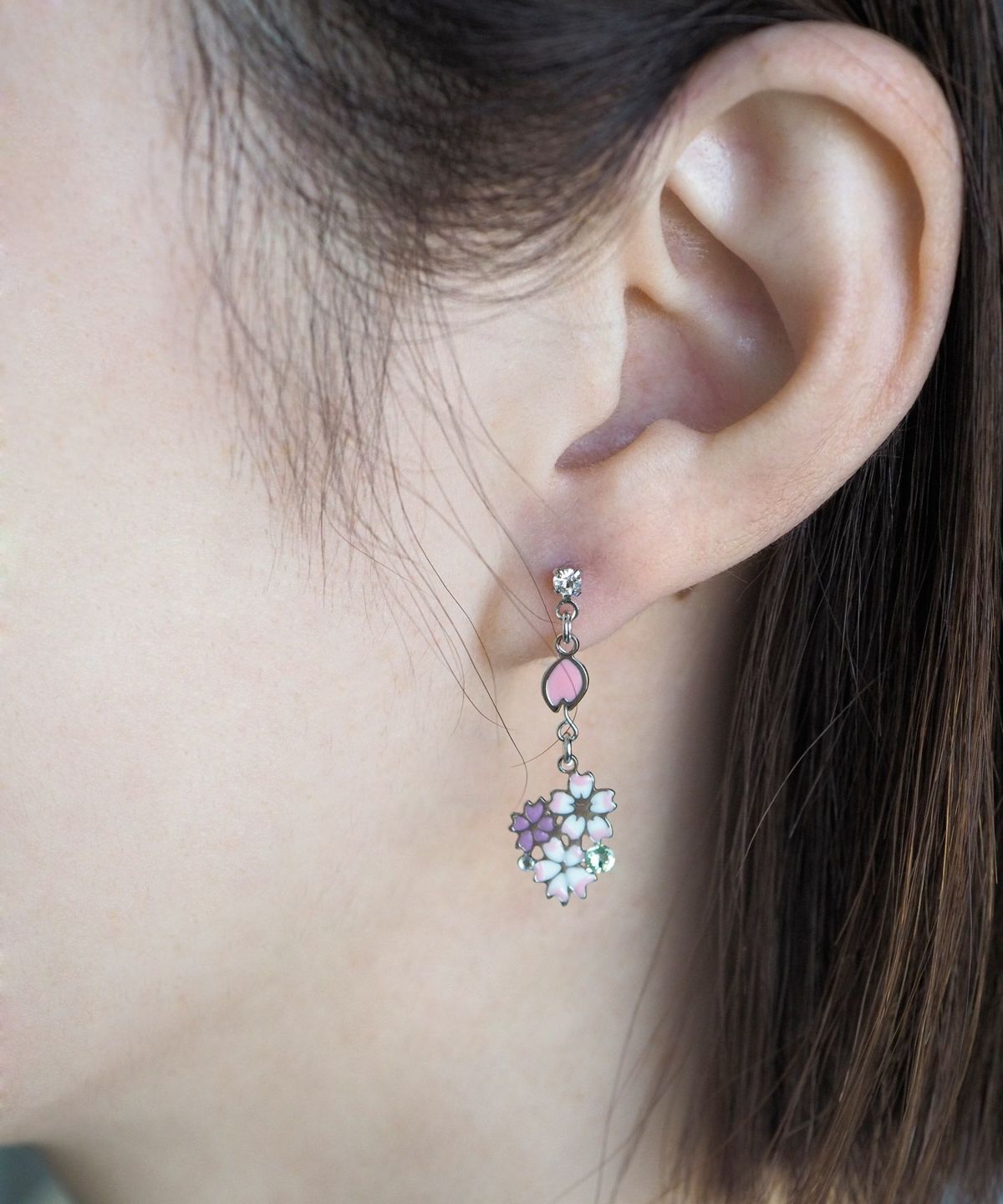 Cat and Cherry Blossom Titanium Post Earrings - White
