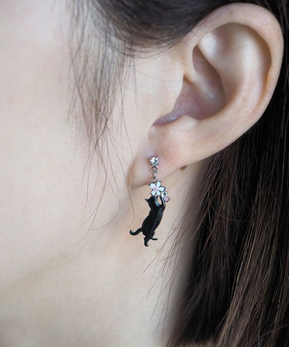 Cat and Cherry Blossom Titanium Post Earrings - White