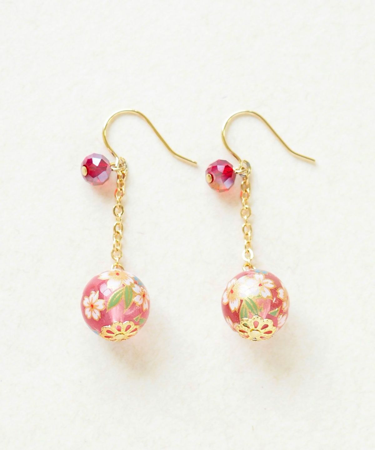 Cherry Blossom Glass Bead Earrings - Red