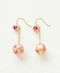 Cherry Blossom Glass Bead Earrings - Red