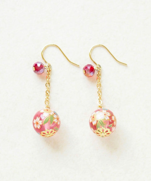 Cherry Blossom Glass Bead Earrings - Red