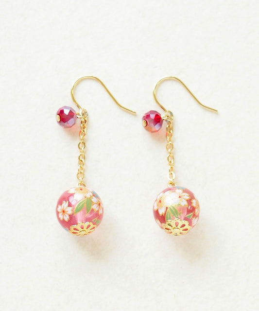 Cherry Blossom Glass Bead Earrings - Red